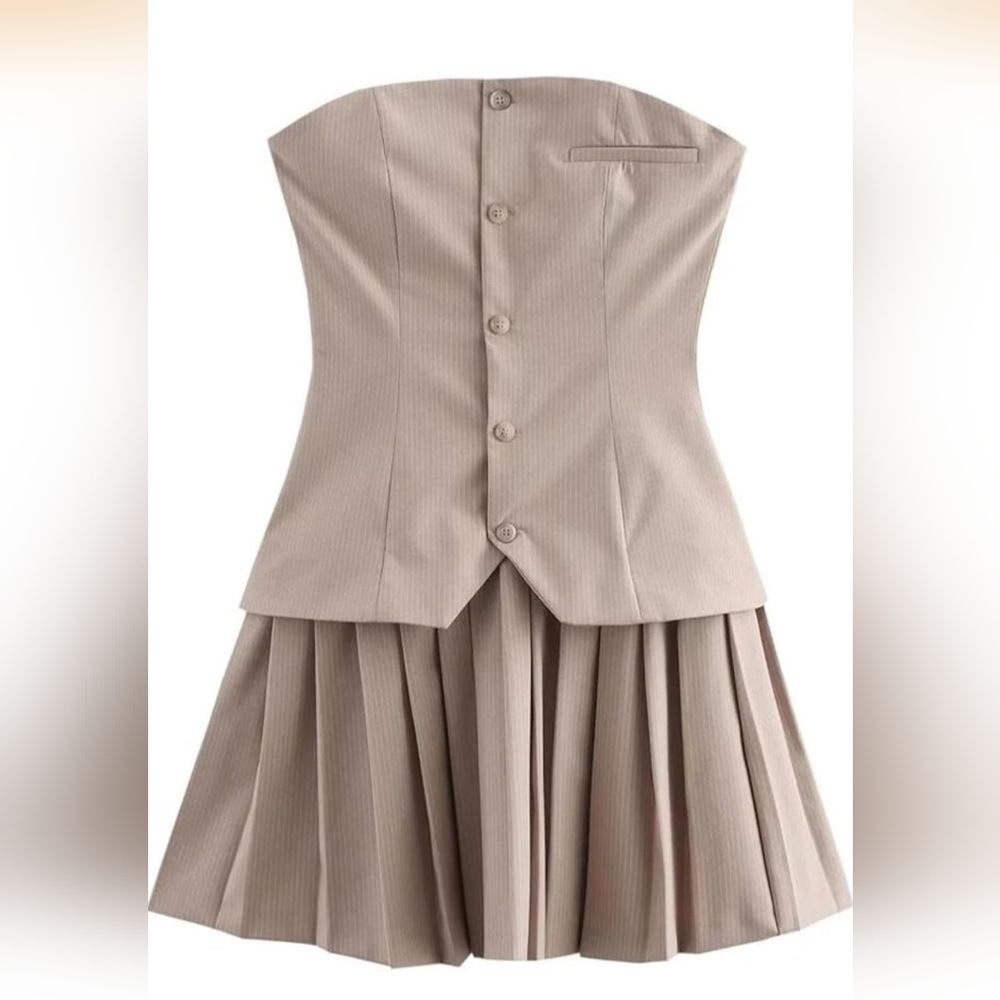 Zara Beige Pleated Mini Dress with Button Front